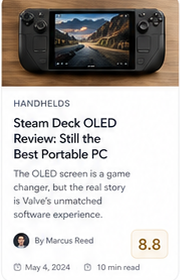 Steam Deck OLED review card with 8.8 score